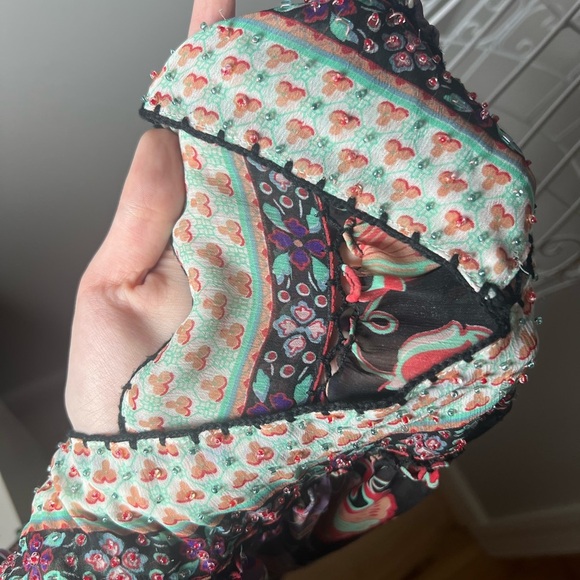 Y2k Boho Gypsy Silk Beaded Crochet Floral Peasant Babydoll Blouse Tassel XL - Picture 3 of 4